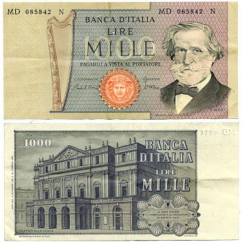 Италия 1000 лир 1980 6 сентября 1980 Джузеппе Верди, Милин Ла Скала Pick 101g бумага 7484-17-2-1
