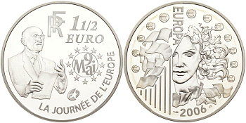 Франция 1 1/2 евро 2006 Декларация Шумана, день Европы 9 мая 1950 года KM 2037 серебро PROOF 01-345-43