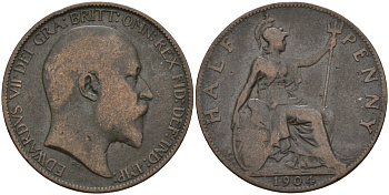 Великобритания 1/2 пенни 1904 Эдуард VII (1901-1910) KM 793.2, Spink 3991 бронза 4143-641