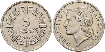 Франция 5 франков 1935 KM 888 никель 4144-424