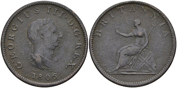 Великобритания 1/2 пенни 1806 Георг III (1760-1820) KM 662, Spink 3781 медь 81-1112