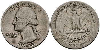 США 25 центов = квотер 1943 Вашингтон, S KM 164 серебро 4177-715