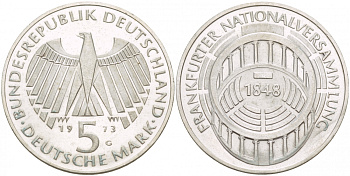 ФРГ 5 МАРОК 1973 G, 125 ЛЕТ ФРАНКФУРТСКОМУ ПАРЛАМЕНТУ KM 137, J. 412 серебро UNC 4545-1125