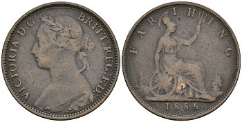 Великобритания 1 фартинг 1886 Виктория (1837-1901) KM 753, Spink 3958 бронза 4364-3658