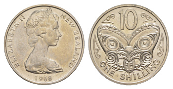 Новая Зеландия 10 центов 1968 Елизавета II (1952-2022), маска маори, тираж 35.000 экземпляров KM 35 медно-никель BU 4652-633