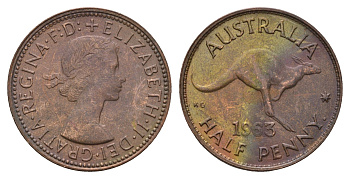 Австралия 1/2 пенни 1963 p, Елизавета II (1952-2022), кенгуру KM 61 бронза 181-323