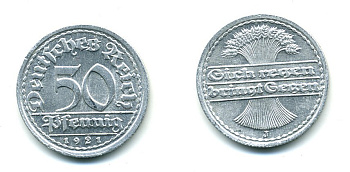 ГЕРМАНИЯ 50 ПФЕННИГОВ 1921 J KM 27, J. 301 алюминий 23-823