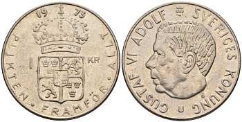 Швеция 1 крона 1973 U, Густав VI Адольф (1950-1973) KM 826a медь плакированный медно-никелем 4150-411