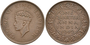 Британская Индия 1/4 анна 1942 Георг VI (1937-1952) KM 531 бронза 4584-225