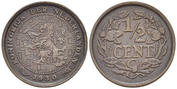 НИДЕРЛАНДЫ 1/2 ЦЕНТА 1930 ВИЛЬГЕЛЬМИНА I (1891-1948) KM 138 бронза 4547-1248