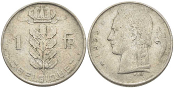 БЕЛЬГИЯ 1 ФРАНК 1955 BELGIQUE, БОДУЭН I (1951-1993) KM 142.1 медно-никель 119-443