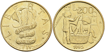 Сан-Марино 200 лир 1995 двое детей играют KM 329 алюминиевая бронза 4126-136