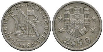 Португалия 2,5 эскудо 1964 парусник KM 590 медно-никель 4576-1257