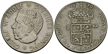 Швеция 1 крона 1970 Густав VI Адольф (1950-1973) KM 826a медь плакированная медно-никелем 4167-445