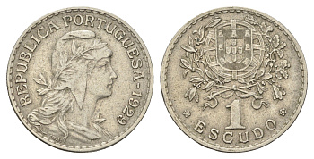Португалия 1 эскудо 1929 голова Свободы вправо KM 578 никель латунь 4660-343
