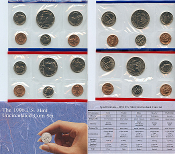 США официальный набор из 10 монет и 2 жетонов 1991 1, 5, 10, 25 и 50 центов, монетные дворы P и D, в оригинальном конверте KM MS 155   UNC  1181-4-08