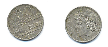 Бразилия 50 сентаво 1970 голова свободы влево KM 580a медно-никель 76-645