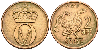 Норвегия 2 эре 1967 глухарь, Улаф V (1958-1991) KM 410бронза 4571-354