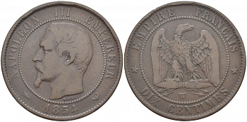 ФРАНЦИЯ 10 САНТИМОВ 1854 W, НАПОЛЕОН III (1852-1870) KM 771.7, LE FRANC 133.17 бронза 114-726