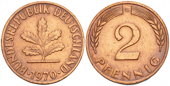 ФРГ 2 ПФЕННИГА 1970 G KM 106a, J.381a сталь плакированная сталь плакированная медьюю 4532-1258