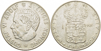 Швеция 1 крона 1961 TS, Густав VI Адольф (1950-1973) KM 826 серебро 175-1131