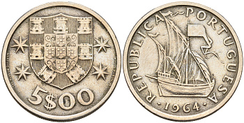 Португалия 5 эскудо 1964 парусник KM 591 медно-никель    4161-753