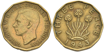 Великобритания 3 пенса 1943 Георг VI (1936-1952) KM 849, Spink 4112 никель латунь 4561-611