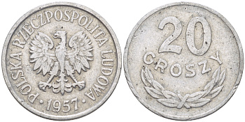 ПОЛЬША 20 ГРОШЕЙ 1957 MW, РЕДКИЙ ГОД KM А47, Parchimowicz 208a алюминий 216-925