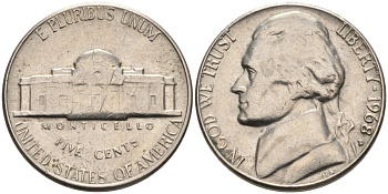 США 5 центов 1968 D, Джефферсон KM А192 медно-никель 92-1141