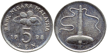 МАЛАЙЗИЯ 5 СЕН 1998 KM 50 медно-никель 4178-338