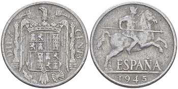 ИСПАНИЯ 10 СЕНТИМО 1945 РЫЦАРЬ НА КОНЕ KM 766 алюминий 119-912