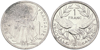 Французская Новая Каледония 1 франк 2015 птица кагу, (IEOM) KM 10, Schoen 10 алюминий 33-637