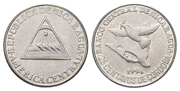 Никарагуа 25 сентаво 1994 голубь мира KM 82 хромированная сталь 4623-1228