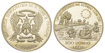 Сан-Томе и Принсипи 500 добр - 1 экю 1993 15 лет Договору о Европейском союзе KM 67 хромированная сталь BU 1521-1245