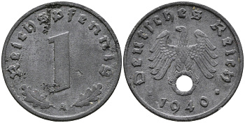 ГЕРМАНИЯ 1 РЕЙХСПФЕННИГ 1940 A KM 97, J.369 цинк 96-645