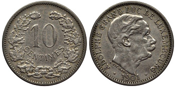 ЛЮКСЕМБУРГ 10 САНТИМОВ 1901 АДОЛЬФ (1890-1905) KM 25 медно-никель 4549-922