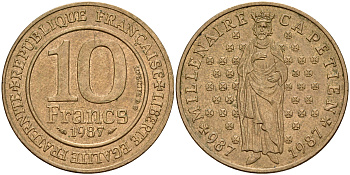 Франция 10 франков 1987 1000 лет первому королю Франции Гуго Капету KM 961 d, Le Franc 371.2 никелированная бронза    4601-924