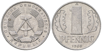 ГДР 1 пфенниг 1968 А КМ 8.1 алюминий 4651-1143