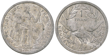 Французская Новая Каледония 1 франк 2002 птица кагу, (IEOM) KM 10, Schoen 10, Lec 52g алюминий 45-1045