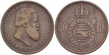 Бразилия 20 рейсов 1869 Педро II (1831-1889) KM 474 бронза 4529-443