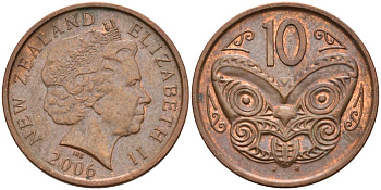 Новая Зеландия 10 центов 2006 маска Маори, Елизавета II (1952-) KM 117а сталь плакированная медью 186-441