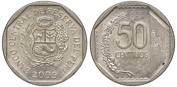 Перу 50 сентимо 2009 KM 307.4 медно-никель aUNC 4605-331