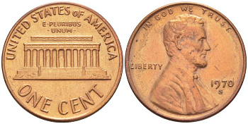 США 1 ЦЕНТ 1970 S, ЛИНКОЛЬН, SMALL DATE KM 201 медь цинк 4519-524