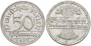 ГЕРМАНИЯ 50 ПФЕННИГОВ 1922 D KM 27, J. 301, Weege 10 алюминий 3718-914