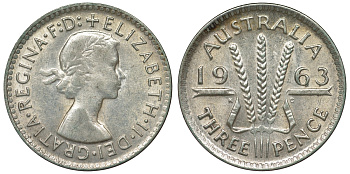 Австралия 3 пенса 1963 m, Елизавета II (1952-2022) KM 57 серебро 71-843