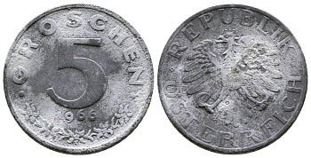 АВСТРИЯ 5 ГРОШЕЙ 1966 KM 2875 цинк 57-1143