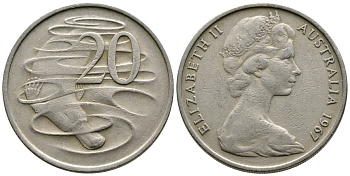 Австралия 20 центов 1967 Елизавета II (1952-2022), утконос KM 66 медно-никель 80-146