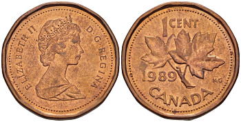 Канада 1 цент 1989 Елизавета II (1952-2022), кленовый лист KM 132 бронза 51-5055