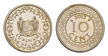 Суринам 10 центов 2012 тираж 1000 экземпляров KM 13a медно-никель BU 4649-1023