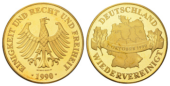 Германия медаль 1990 "Воссоединение Германии", Берлинский Монетный двор, в оригинальной упаковке, с сертификатом подлинности, тираж 25.000 экземпляров, диаметр 40 мм, вес 33,8 гр медно-никель плакированный золотом PROOF 4-5-1-12